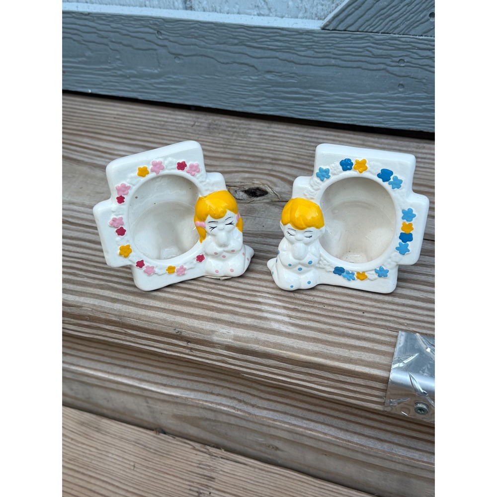 Vintage 1996 CWI Ceramic Praying Boy and Girl Cross Picture Frame Set 2pc